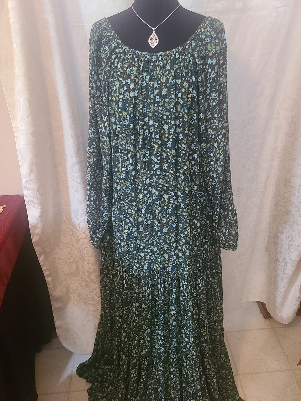 Bohemian Floral Maxi Dress in Teal and Black - Picture 4 of 9